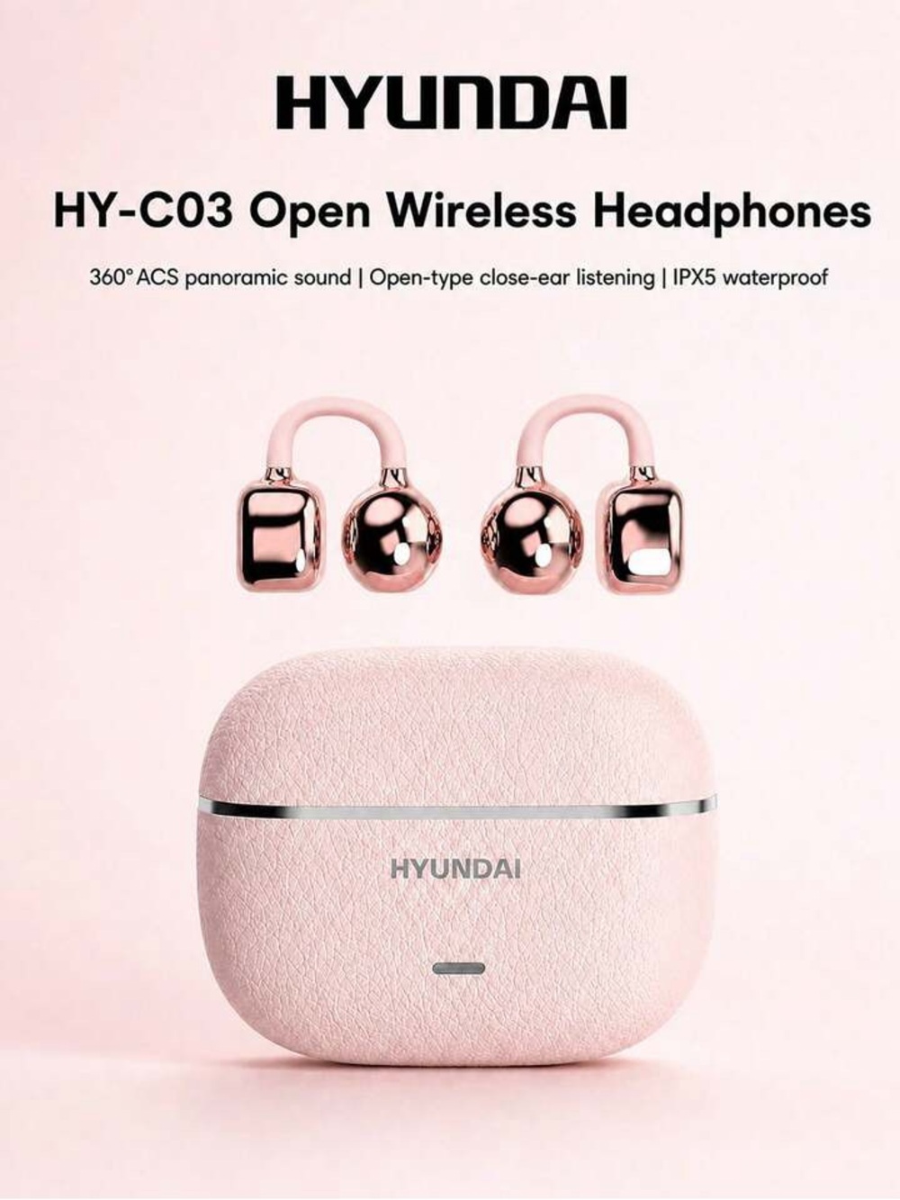 Hyundai HY-C03 Open Wireless Headphones in pink, featuring an ear-clip design